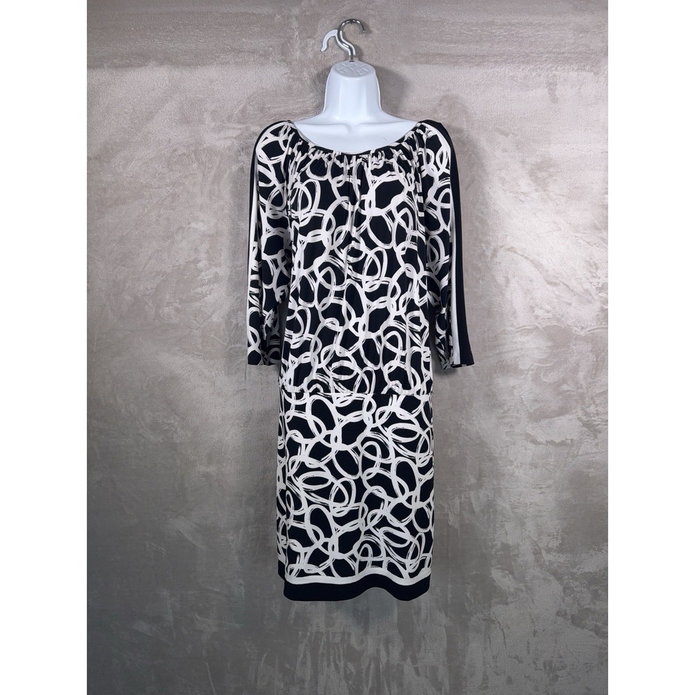 CACHE Dress Womens Size Large White Black Abstract Shift Resort Chic Career‎